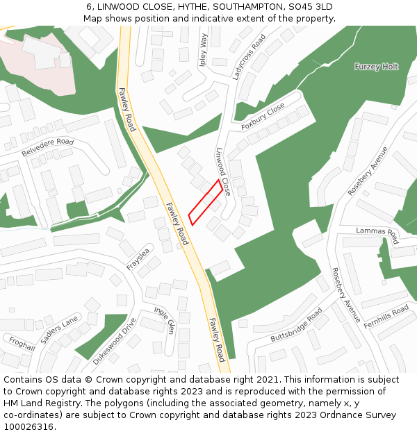 6, LINWOOD CLOSE, HYTHE, SOUTHAMPTON, SO45 3LD: Location map and indicative extent of plot