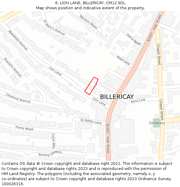6, LION LANE, BILLERICAY, CM12 9DL: Location map and indicative extent of plot