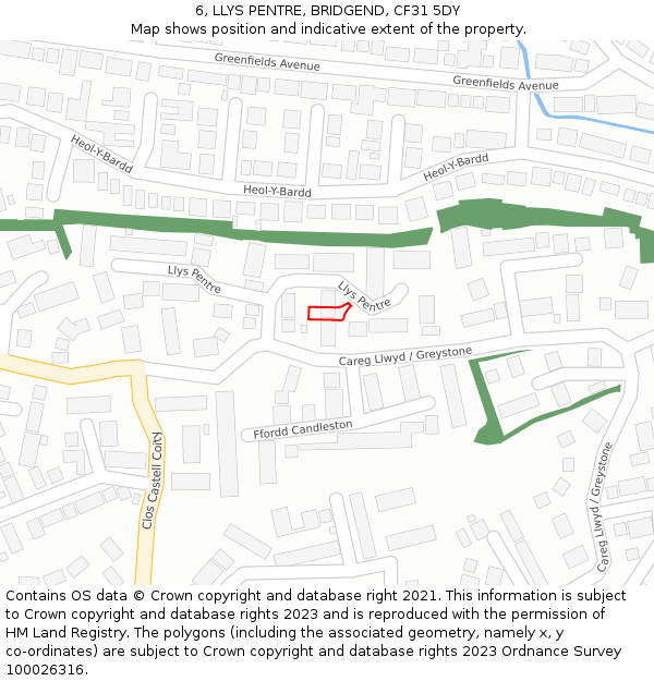 6, LLYS PENTRE, BRIDGEND, CF31 5DY: Location map and indicative extent of plot