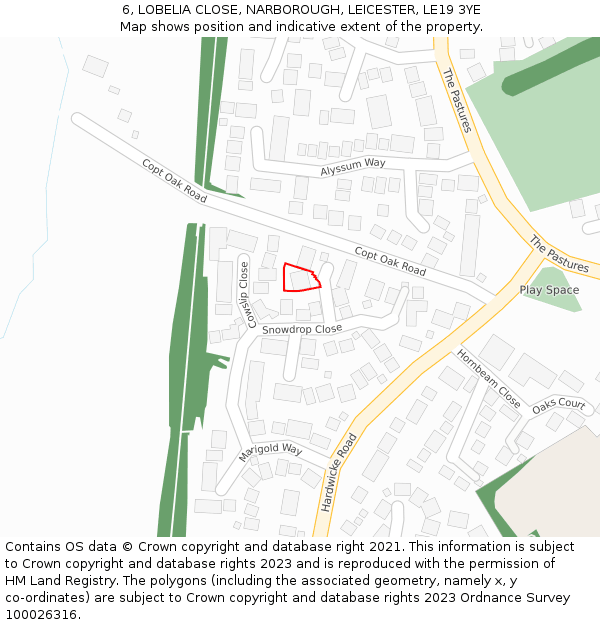 6, LOBELIA CLOSE, NARBOROUGH, LEICESTER, LE19 3YE: Location map and indicative extent of plot