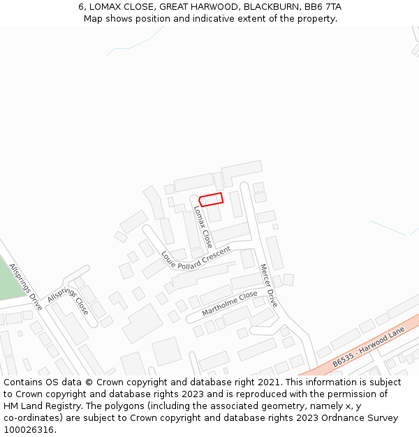 6, LOMAX CLOSE, GREAT HARWOOD, BLACKBURN, BB6 7TA: Location map and indicative extent of plot