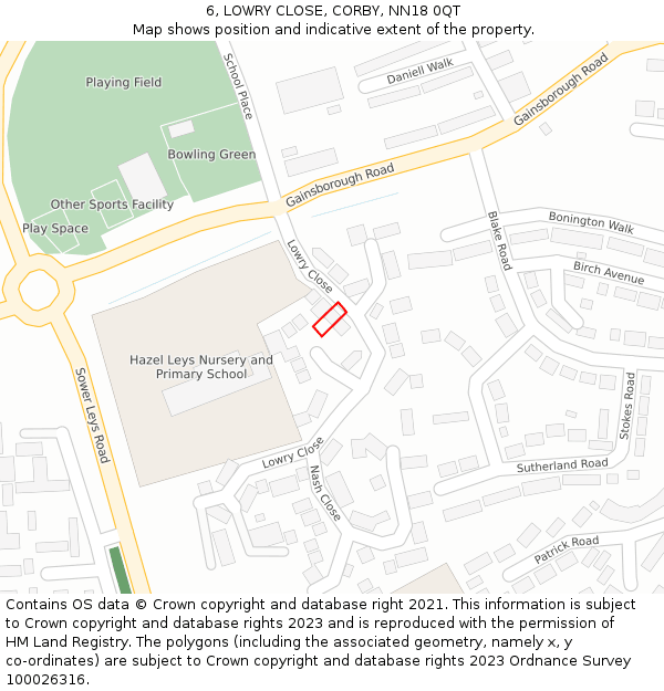 6, LOWRY CLOSE, CORBY, NN18 0QT: Location map and indicative extent of plot