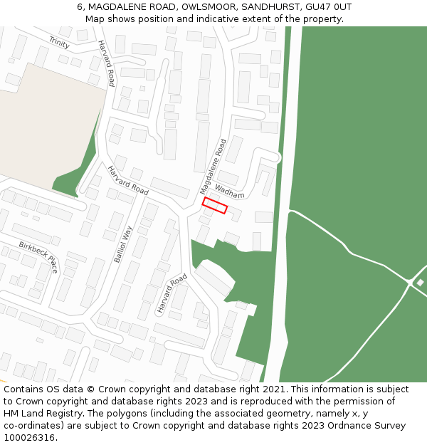 6, MAGDALENE ROAD, OWLSMOOR, SANDHURST, GU47 0UT: Location map and indicative extent of plot