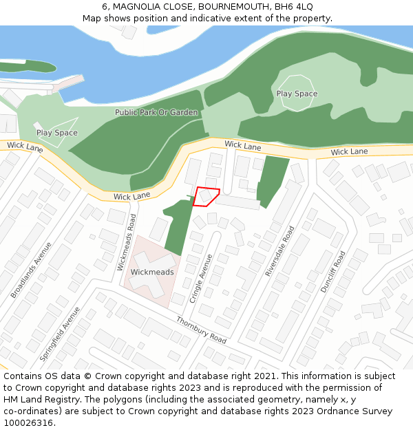 6, MAGNOLIA CLOSE, BOURNEMOUTH, BH6 4LQ: Location map and indicative extent of plot