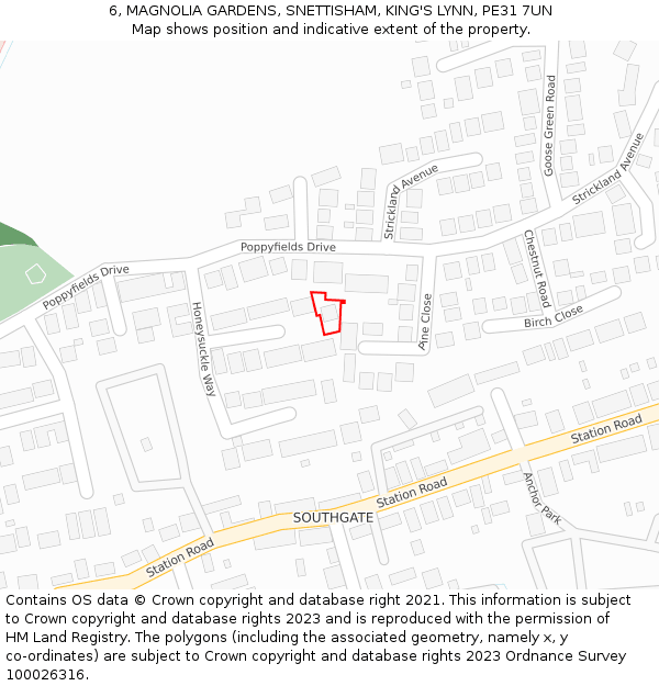 6, MAGNOLIA GARDENS, SNETTISHAM, KING'S LYNN, PE31 7UN: Location map and indicative extent of plot