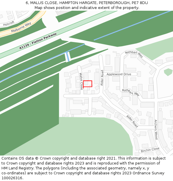 6, MALUS CLOSE, HAMPTON HARGATE, PETERBOROUGH, PE7 8DU: Location map and indicative extent of plot