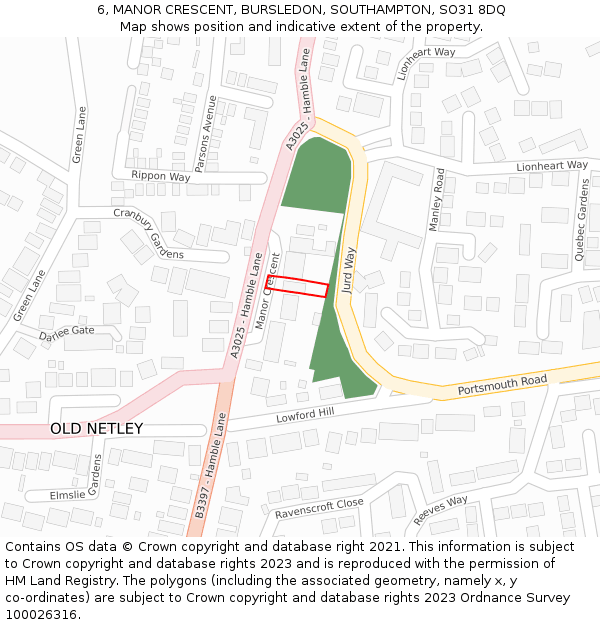 6, MANOR CRESCENT, BURSLEDON, SOUTHAMPTON, SO31 8DQ: Location map and indicative extent of plot