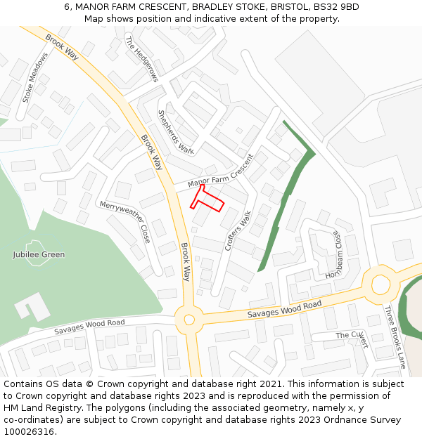6, MANOR FARM CRESCENT, BRADLEY STOKE, BRISTOL, BS32 9BD: Location map and indicative extent of plot