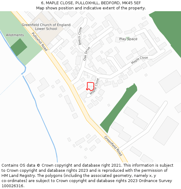 6, MAPLE CLOSE, PULLOXHILL, BEDFORD, MK45 5EF: Location map and indicative extent of plot