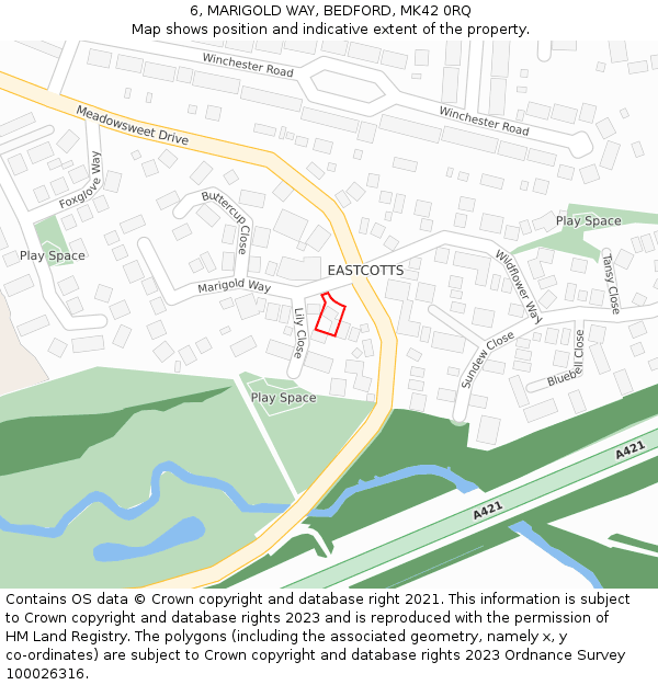 6, MARIGOLD WAY, BEDFORD, MK42 0RQ: Location map and indicative extent of plot