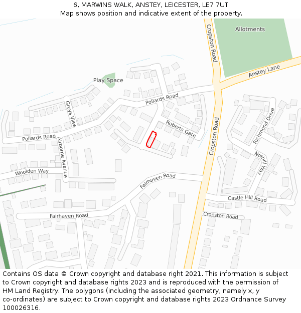 6, MARWINS WALK, ANSTEY, LEICESTER, LE7 7UT: Location map and indicative extent of plot