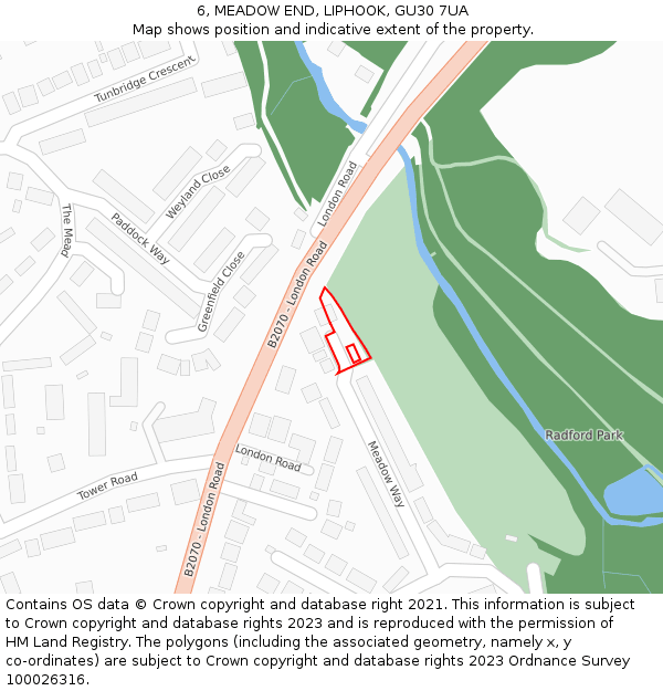 6, MEADOW END, LIPHOOK, GU30 7UA: Location map and indicative extent of plot