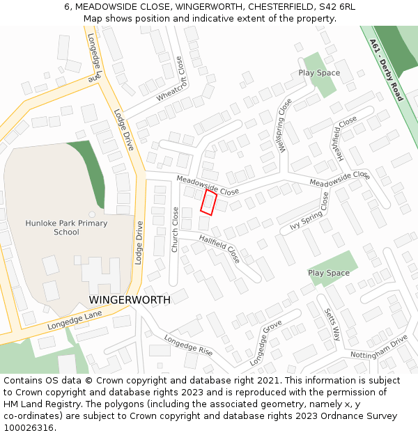 6, MEADOWSIDE CLOSE, WINGERWORTH, CHESTERFIELD, S42 6RL: Location map and indicative extent of plot
