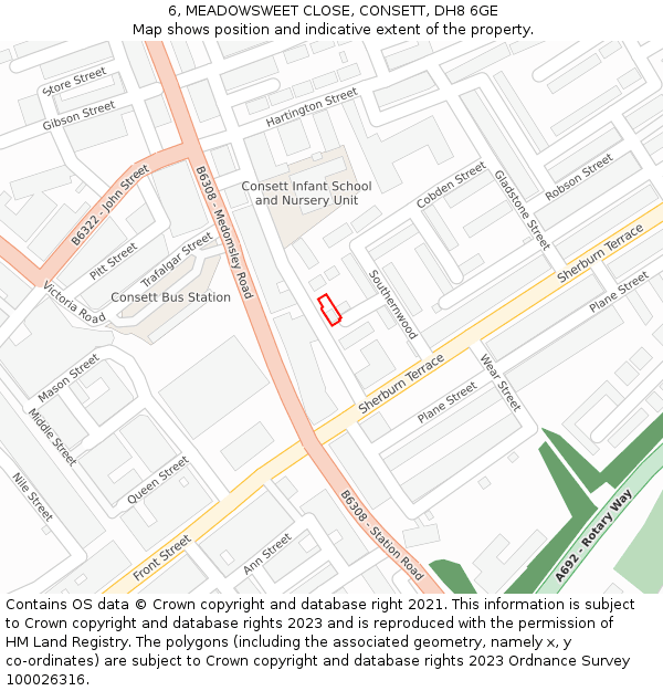 6, MEADOWSWEET CLOSE, CONSETT, DH8 6GE: Location map and indicative extent of plot