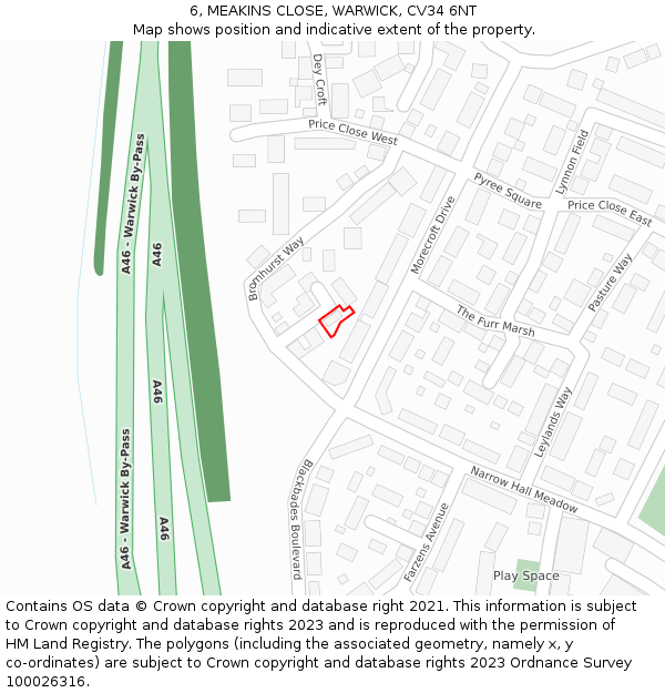6, MEAKINS CLOSE, WARWICK, CV34 6NT: Location map and indicative extent of plot