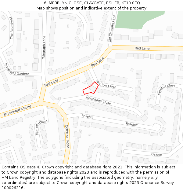 6, MERRILYN CLOSE, CLAYGATE, ESHER, KT10 0EQ: Location map and indicative extent of plot