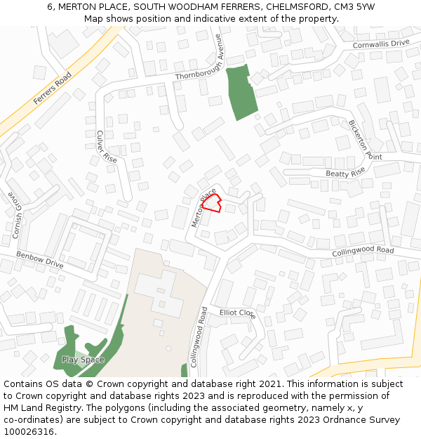 6, MERTON PLACE, SOUTH WOODHAM FERRERS, CHELMSFORD, CM3 5YW: Location map and indicative extent of plot