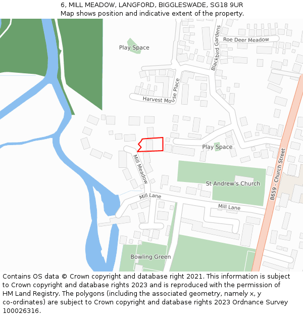 6, MILL MEADOW, LANGFORD, BIGGLESWADE, SG18 9UR: Location map and indicative extent of plot