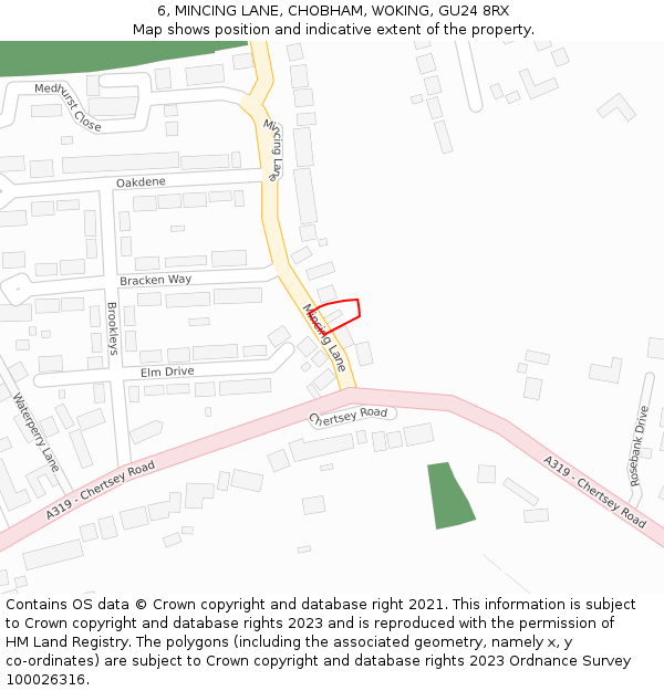 6, MINCING LANE, CHOBHAM, WOKING, GU24 8RX: Location map and indicative extent of plot