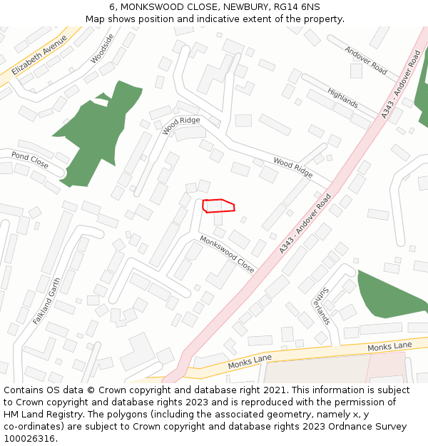6, MONKSWOOD CLOSE, NEWBURY, RG14 6NS: Location map and indicative extent of plot