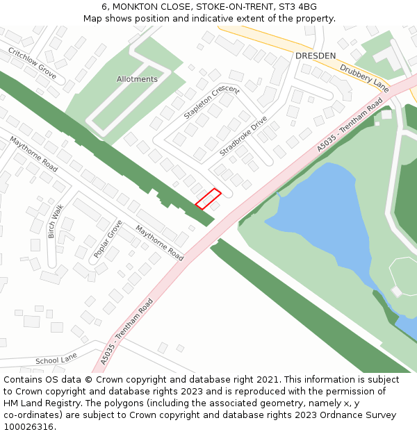 6, MONKTON CLOSE, STOKE-ON-TRENT, ST3 4BG: Location map and indicative extent of plot