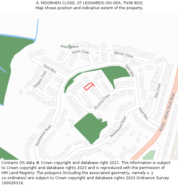 6, MOORHEN CLOSE, ST LEONARDS-ON-SEA, TN38 8DQ: Location map and indicative extent of plot