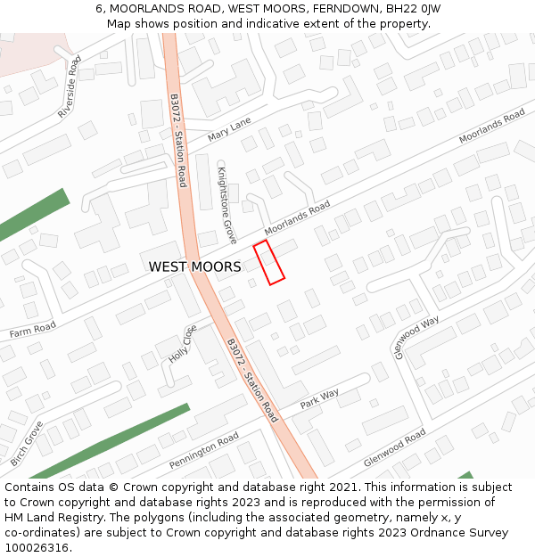 6, MOORLANDS ROAD, WEST MOORS, FERNDOWN, BH22 0JW: Location map and indicative extent of plot