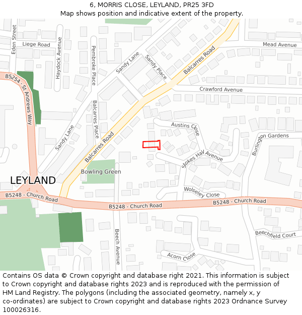 6, MORRIS CLOSE, LEYLAND, PR25 3FD: Location map and indicative extent of plot