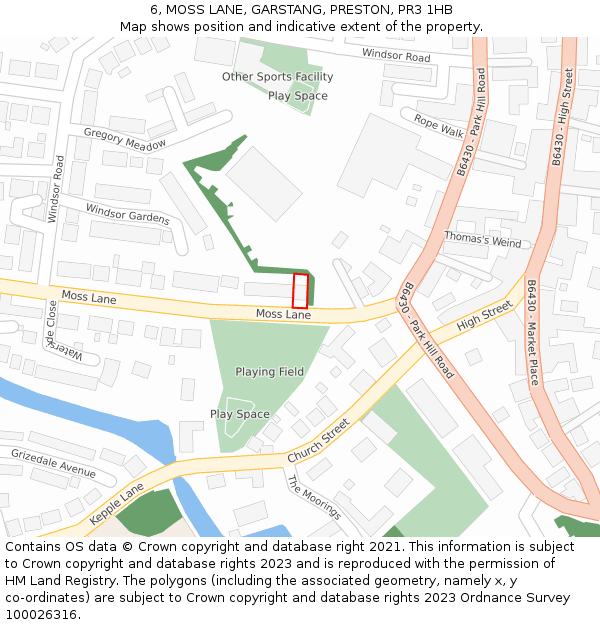6, MOSS LANE, GARSTANG, PRESTON, PR3 1HB: Location map and indicative extent of plot