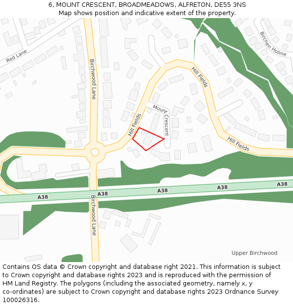 6, MOUNT CRESCENT, BROADMEADOWS, ALFRETON, DE55 3NS: Location map and indicative extent of plot