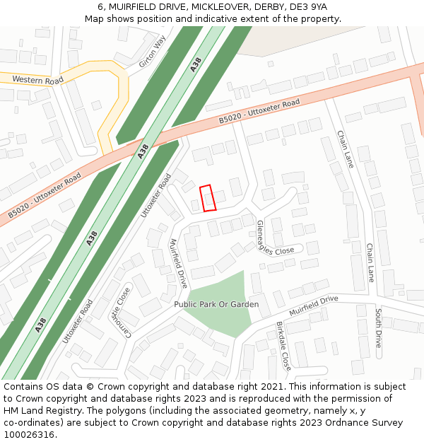 6, MUIRFIELD DRIVE, MICKLEOVER, DERBY, DE3 9YA: Location map and indicative extent of plot