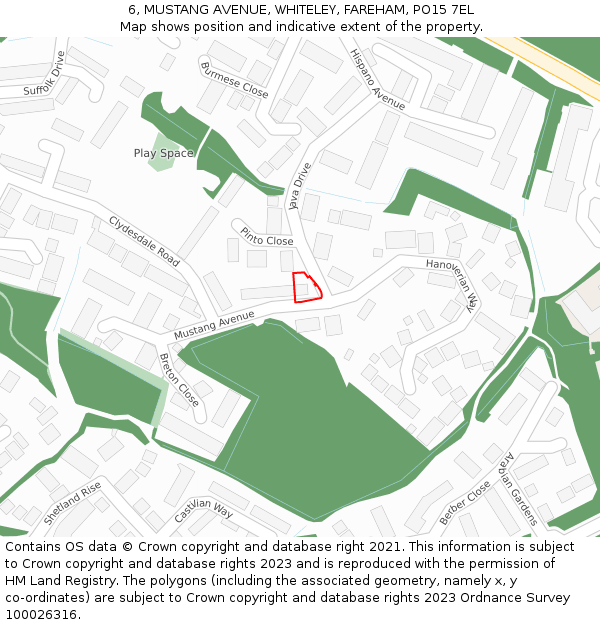 6, MUSTANG AVENUE, WHITELEY, FAREHAM, PO15 7EL: Location map and indicative extent of plot