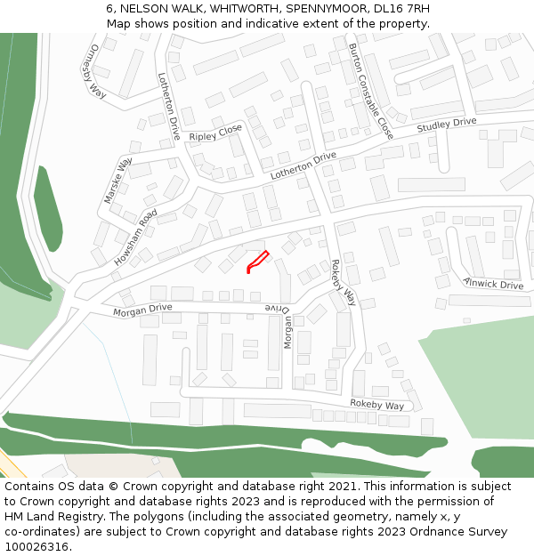 6, NELSON WALK, WHITWORTH, SPENNYMOOR, DL16 7RH: Location map and indicative extent of plot