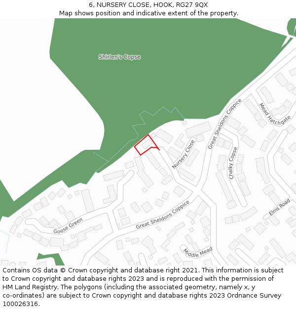 6, NURSERY CLOSE, HOOK, RG27 9QX: Location map and indicative extent of plot