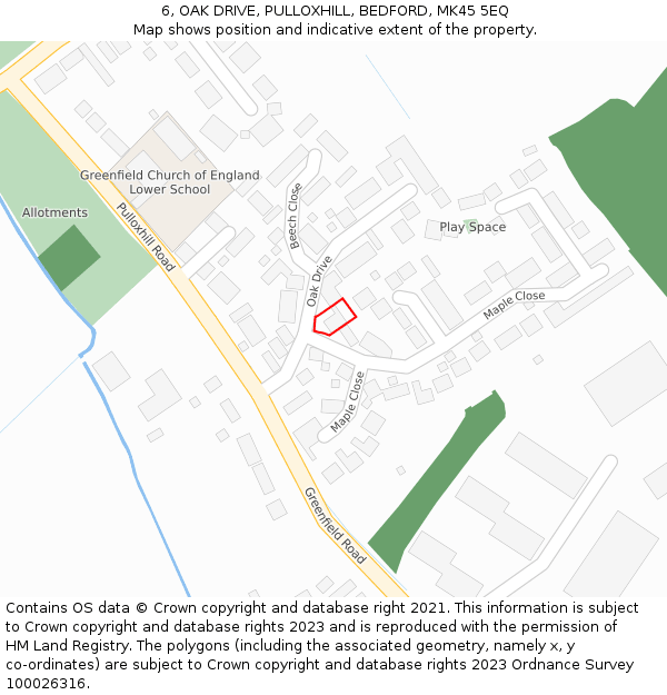 6, OAK DRIVE, PULLOXHILL, BEDFORD, MK45 5EQ: Location map and indicative extent of plot