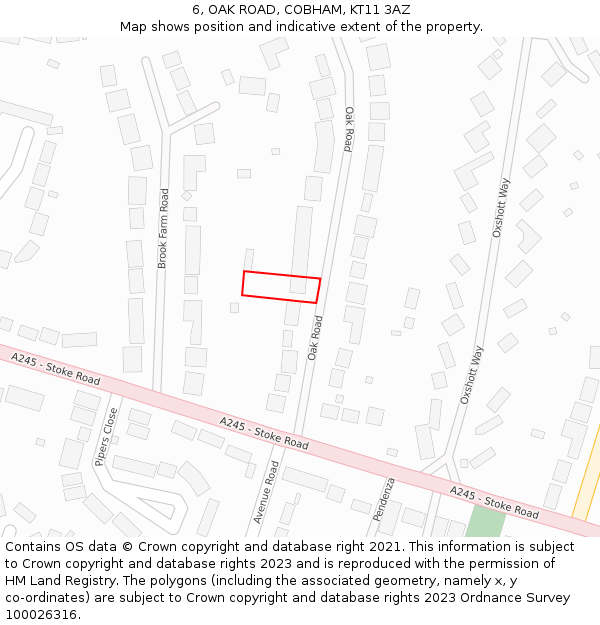 6, OAK ROAD, COBHAM, KT11 3AZ: Location map and indicative extent of plot