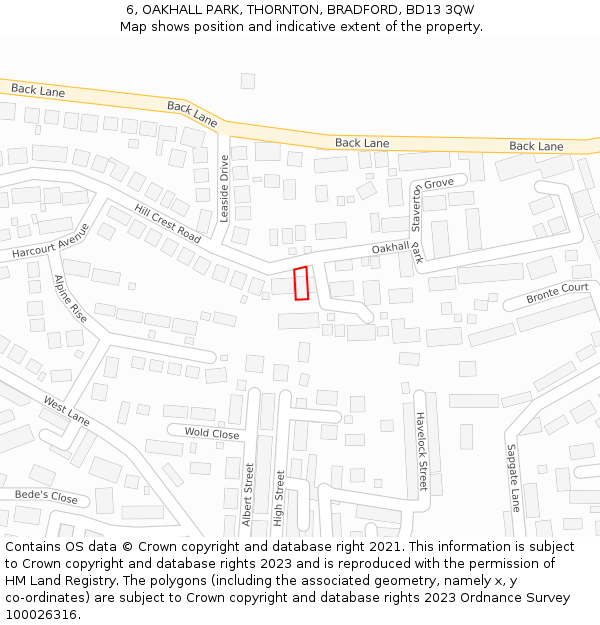 6, OAKHALL PARK, THORNTON, BRADFORD, BD13 3QW: Location map and indicative extent of plot