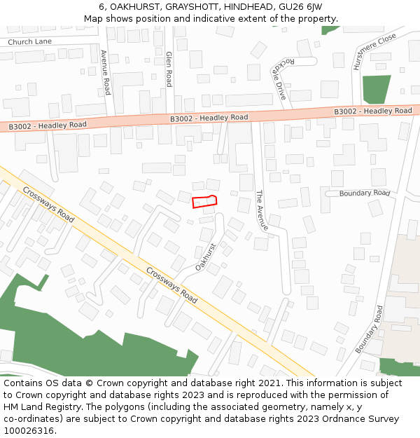 6, OAKHURST, GRAYSHOTT, HINDHEAD, GU26 6JW: Location map and indicative extent of plot