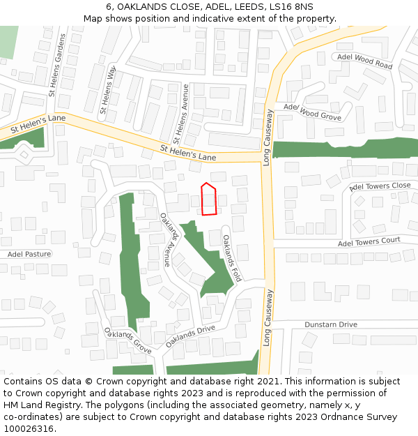 6, OAKLANDS CLOSE, ADEL, LEEDS, LS16 8NS: Location map and indicative extent of plot