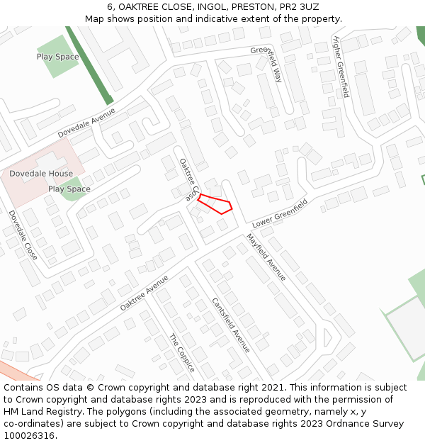 6, OAKTREE CLOSE, INGOL, PRESTON, PR2 3UZ: Location map and indicative extent of plot