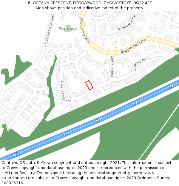 6, OCEANA CRESCENT, BEGGARWOOD, BASINGSTOKE, RG22 4FE: Location map and indicative extent of plot