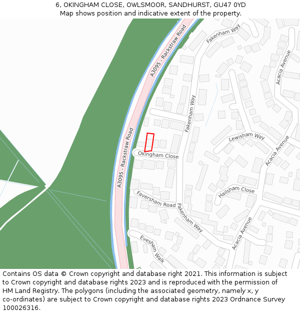 6, OKINGHAM CLOSE, OWLSMOOR, SANDHURST, GU47 0YD: Location map and indicative extent of plot