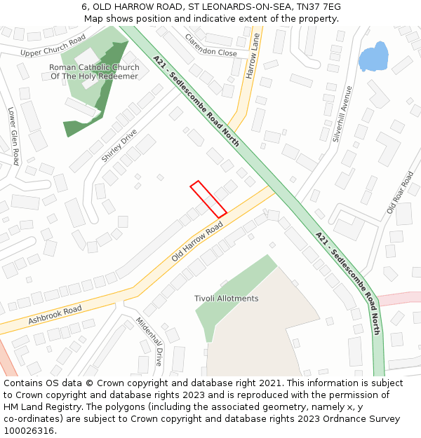 6, OLD HARROW ROAD, ST LEONARDS-ON-SEA, TN37 7EG: Location map and indicative extent of plot