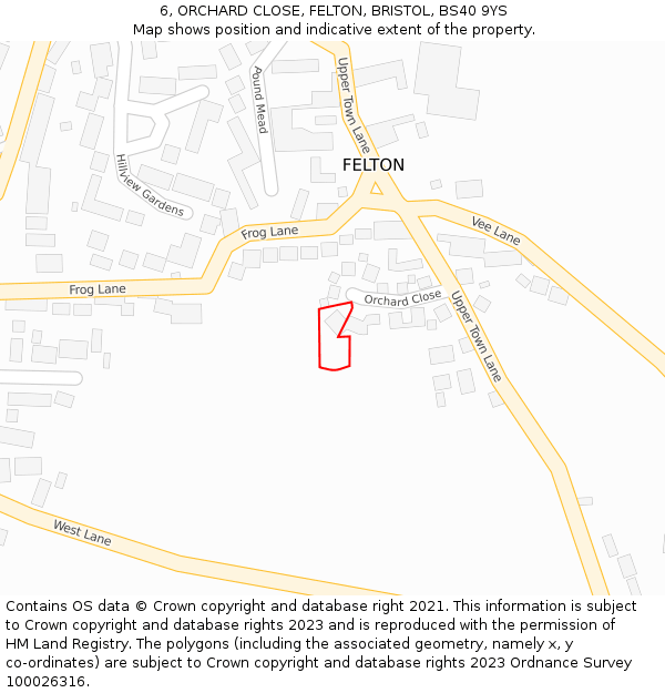 6, ORCHARD CLOSE, FELTON, BRISTOL, BS40 9YS: Location map and indicative extent of plot