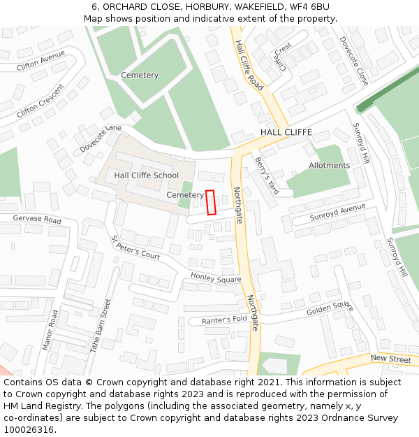 6, ORCHARD CLOSE, HORBURY, WAKEFIELD, WF4 6BU: Location map and indicative extent of plot