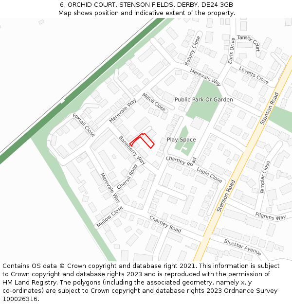 6, ORCHID COURT, STENSON FIELDS, DERBY, DE24 3GB: Location map and indicative extent of plot