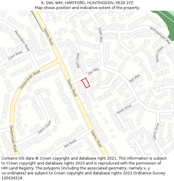 6, OWL WAY, HARTFORD, HUNTINGDON, PE29 1YZ: Location map and indicative extent of plot