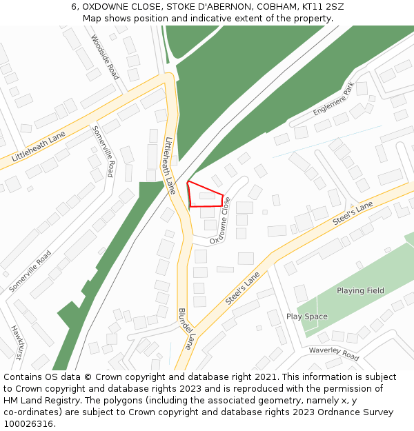 6, OXDOWNE CLOSE, STOKE D'ABERNON, COBHAM, KT11 2SZ: Location map and indicative extent of plot