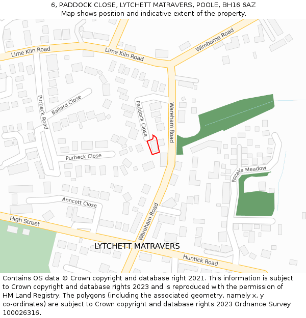 6, PADDOCK CLOSE, LYTCHETT MATRAVERS, POOLE, BH16 6AZ: Location map and indicative extent of plot