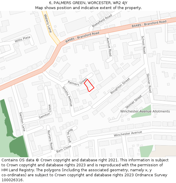 6, PALMERS GREEN, WORCESTER, WR2 4JY: Location map and indicative extent of plot